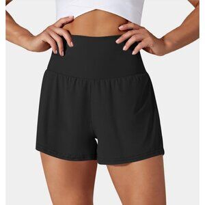 Halara Super High Waisted Yoga Shorts Sz Large Womens Black Back Pocket & Side P